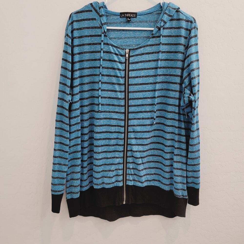 NWOT LA THREADS Blue & Black Striped Zipper Front Hoodie Top Women's Size 1X